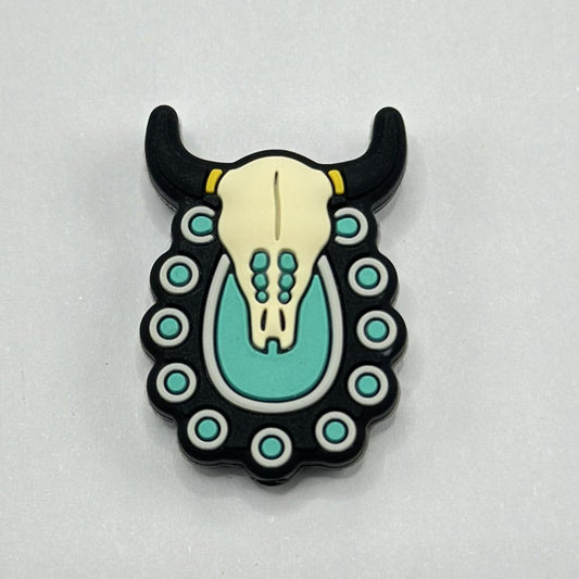 Teal Cute Buffalo Skull with Horns and Polka Dots Silicone Focal Beads