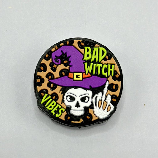 Round Halloween Silicone Focal Beads with Skull, Purple Hat, Jaguar Print, and Bad Witch Vibes