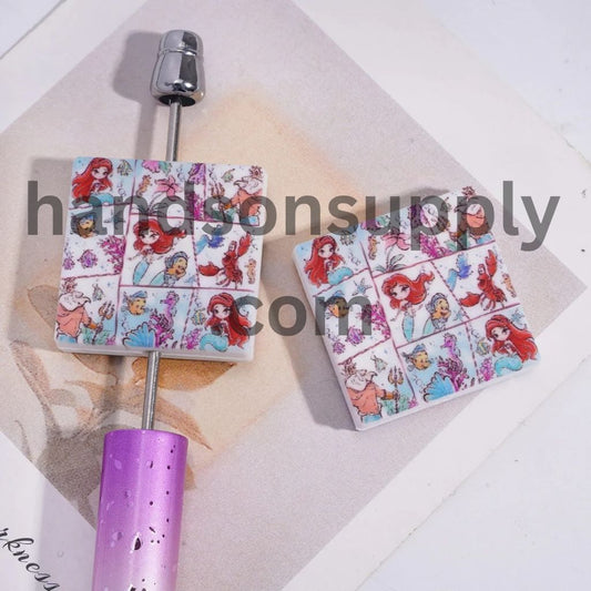 Beautiful Mermaid Character in Comic Layout, Flat Square Shape Silicone Focal Beads