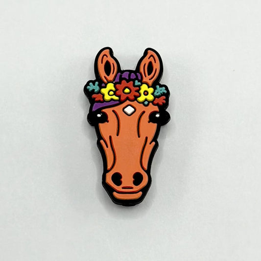 A Brown Cute Horse with Flowers Garland Silicone Focal Beads