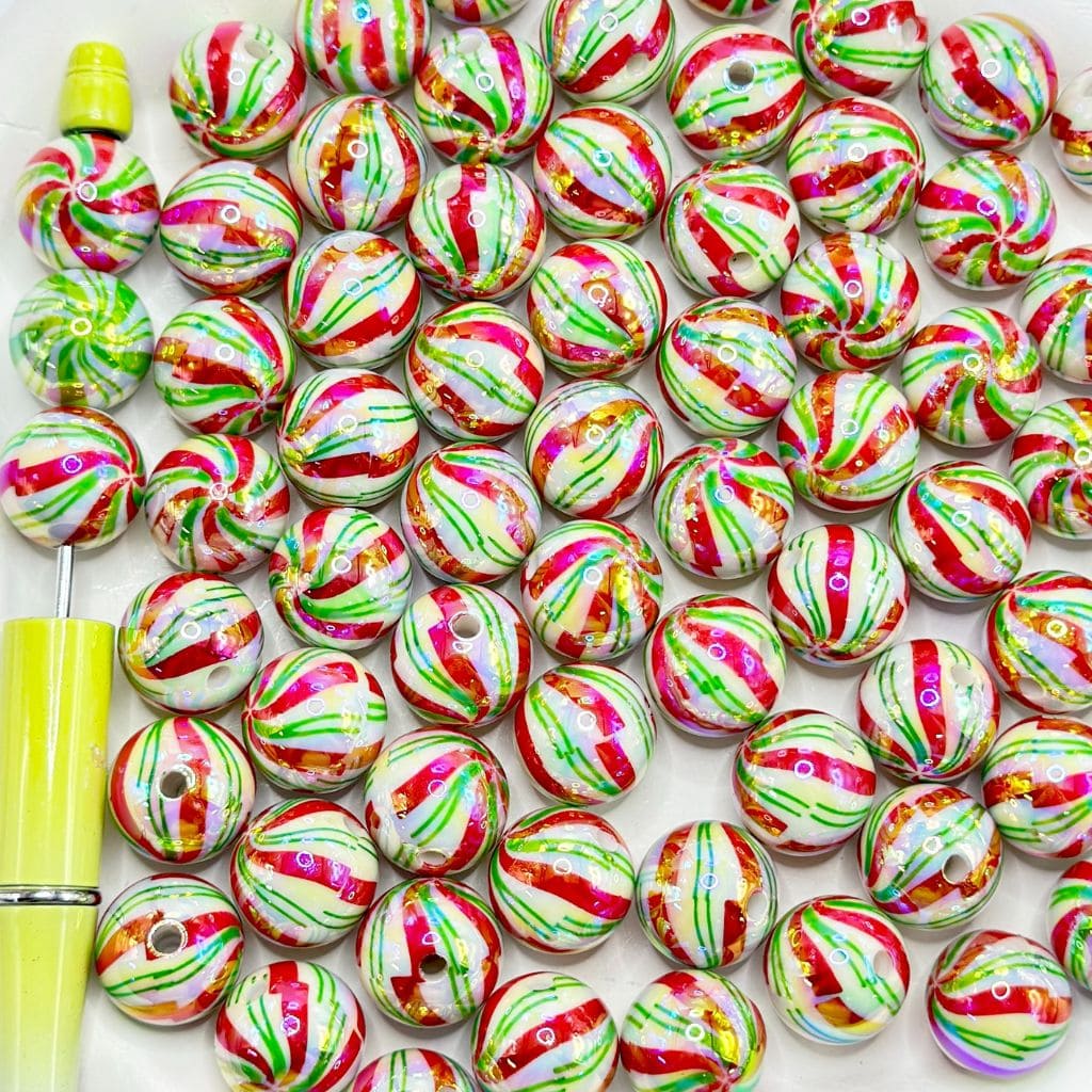 Colorful Striped Lines  Christmas Red and Green Round Acrylic Beads,  Random Mix,16MM
