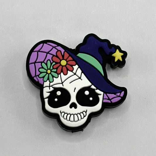 Wizard Skull Wearing Witch Hat with Flower and Star Silicone Focal Beads