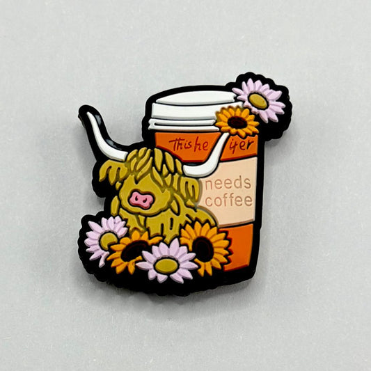 Highland Cow with Colorful Flowers and 'This Heifer Needs Coffee' Silicone Focal Beads