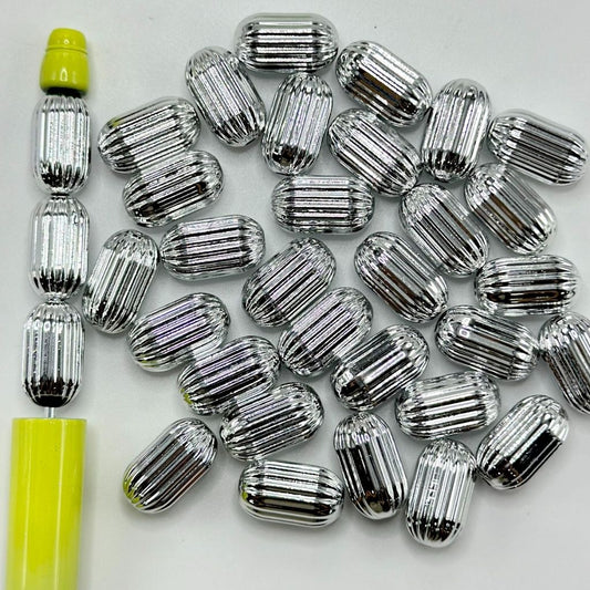Striped Cylinder Silver Color Beads, Acrylic Beads 9.6*17mm