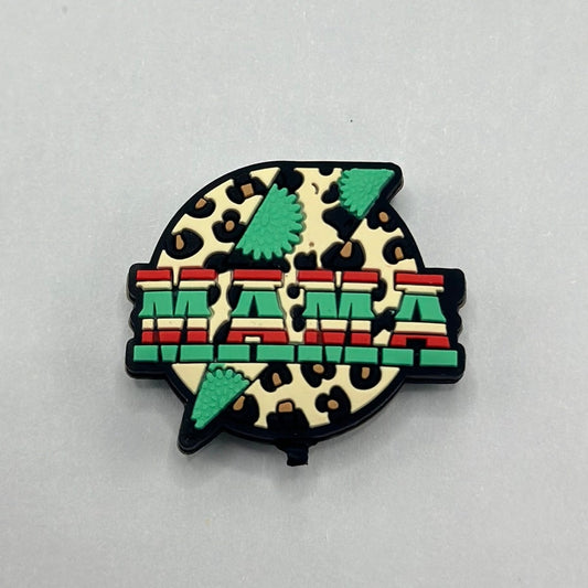 Mama Text over Jaguar Print Lightning Bolt Round Silicone Focal Beads