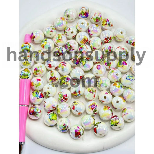 Green Character Stolen Christmas Santa Round UV Coating Acrylic Beads 16mm