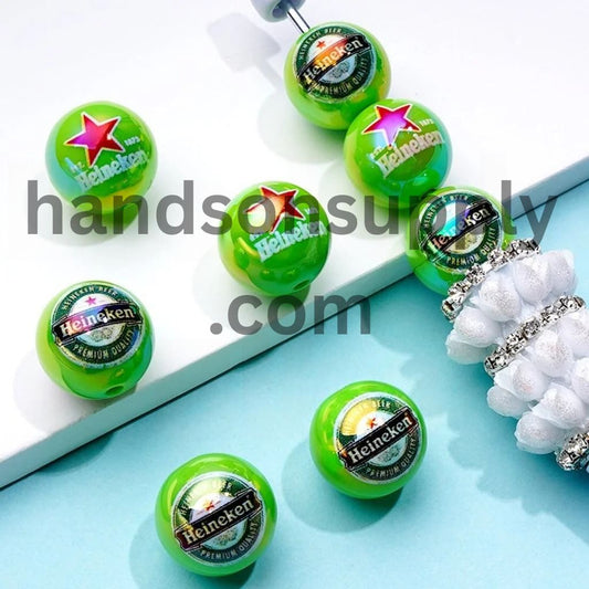 Drink Beer Heineke Green Round UV Coating Acrylic Beads, 16MM, Random Mix