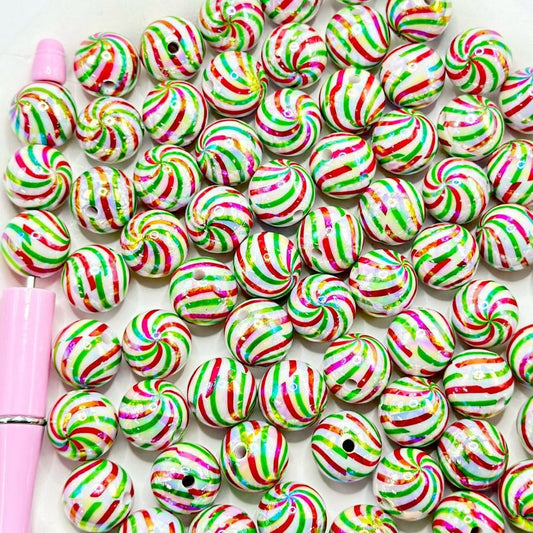 Christmas Swirl Candy Striped Colorful Acrylic Beads,16mm
