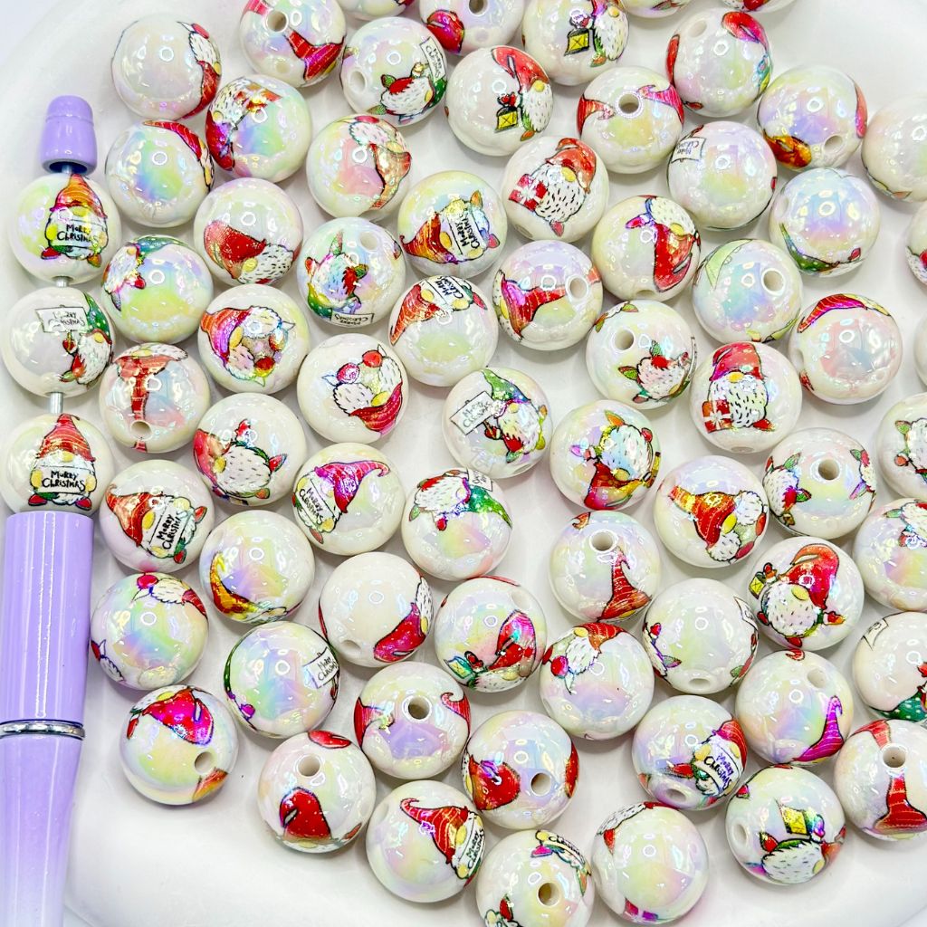 White Bead with Gnome Santa Claus Print  Merry Christmas Round Acrylic Beads 16mm