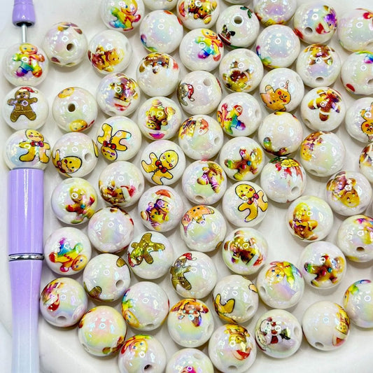 Shiny Round Christmas Gingerbread Cookie Acrylic Beads Random Mix, 16mm, Random Mix