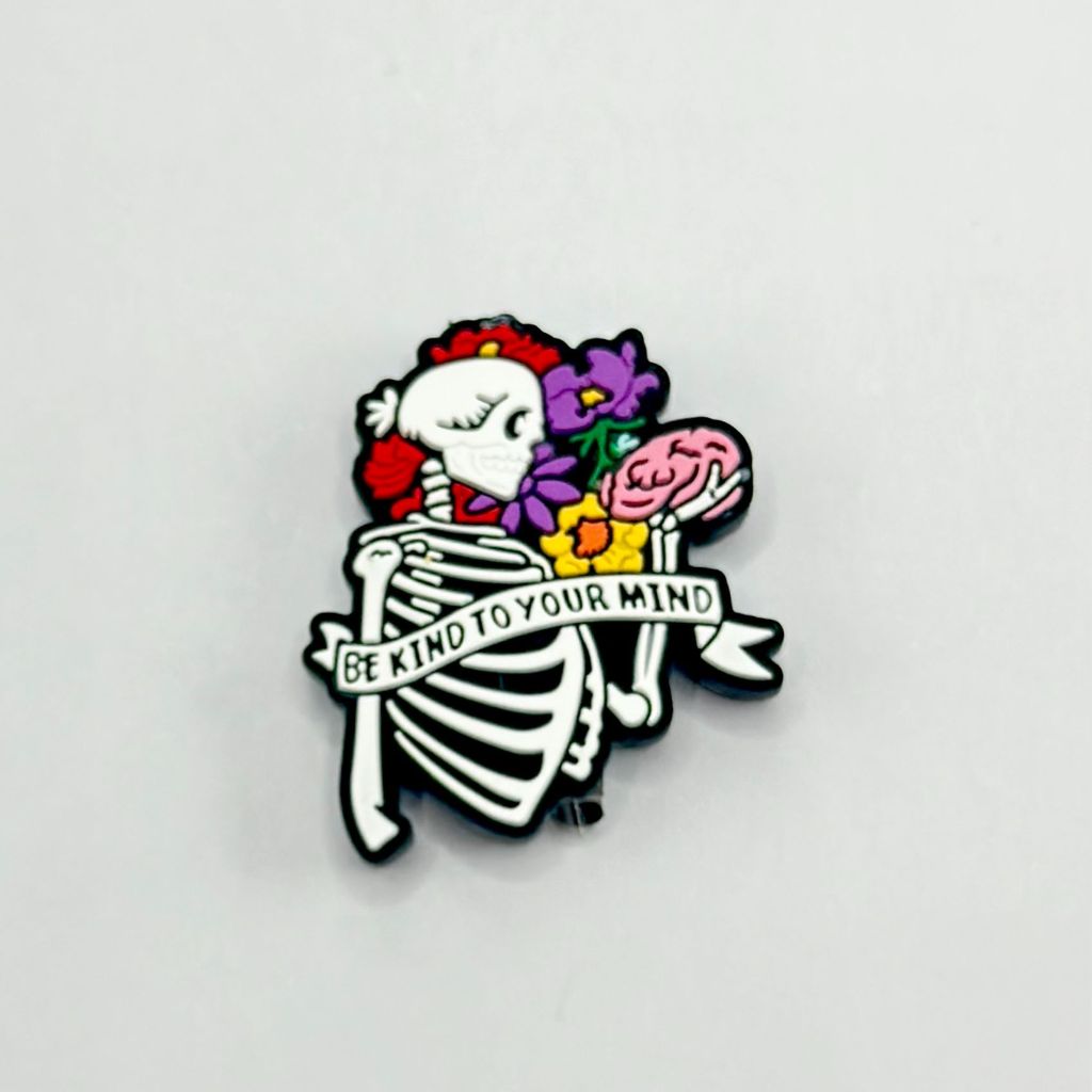Skeleton 'Be Kind to Your Mind' Love Brain with Flowers Silicone Focal Beads