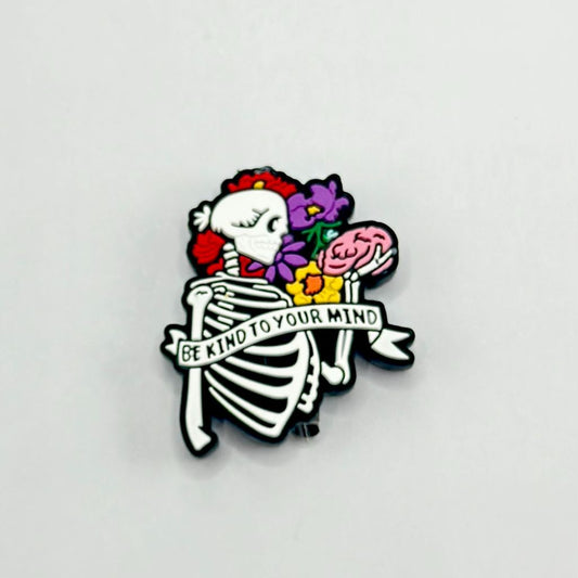 Skeleton 'Be Kind to Your Mind' Love Brain with Flowers Silicone Focal Beads