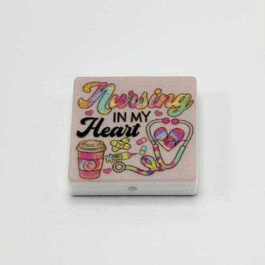 Stethoscope and Pink Heart, Nursing in my Heart with Coffee Cup, Silicone Focal Beads