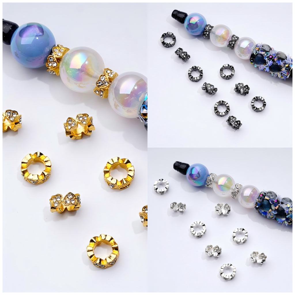 Elegant Heart-Shaped Spacer Beads in Gold, Silver, and Gun Black Metal with Clear Rhinestones, 10MM