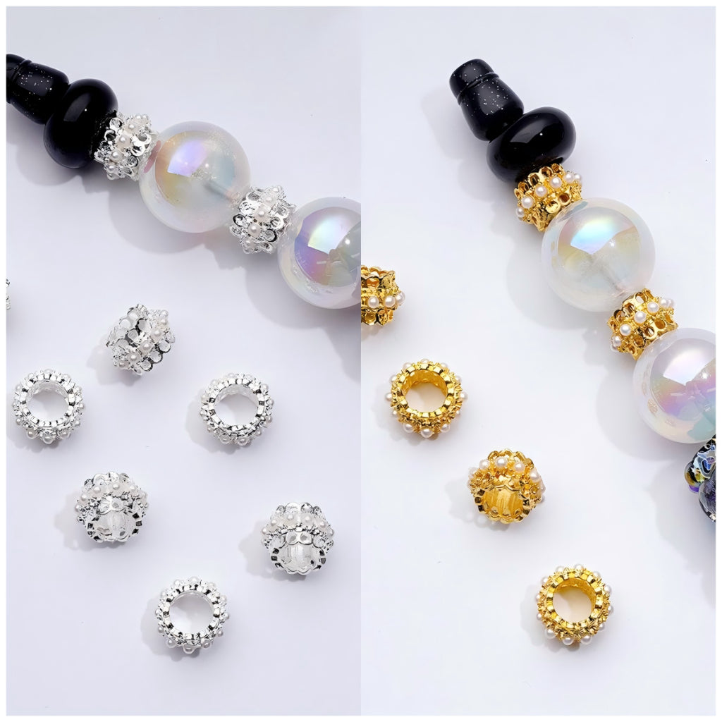 Adorable Mini Crown-Shaped Spacer Beads in Gold and Silver Metal with White Pearls, 10MM