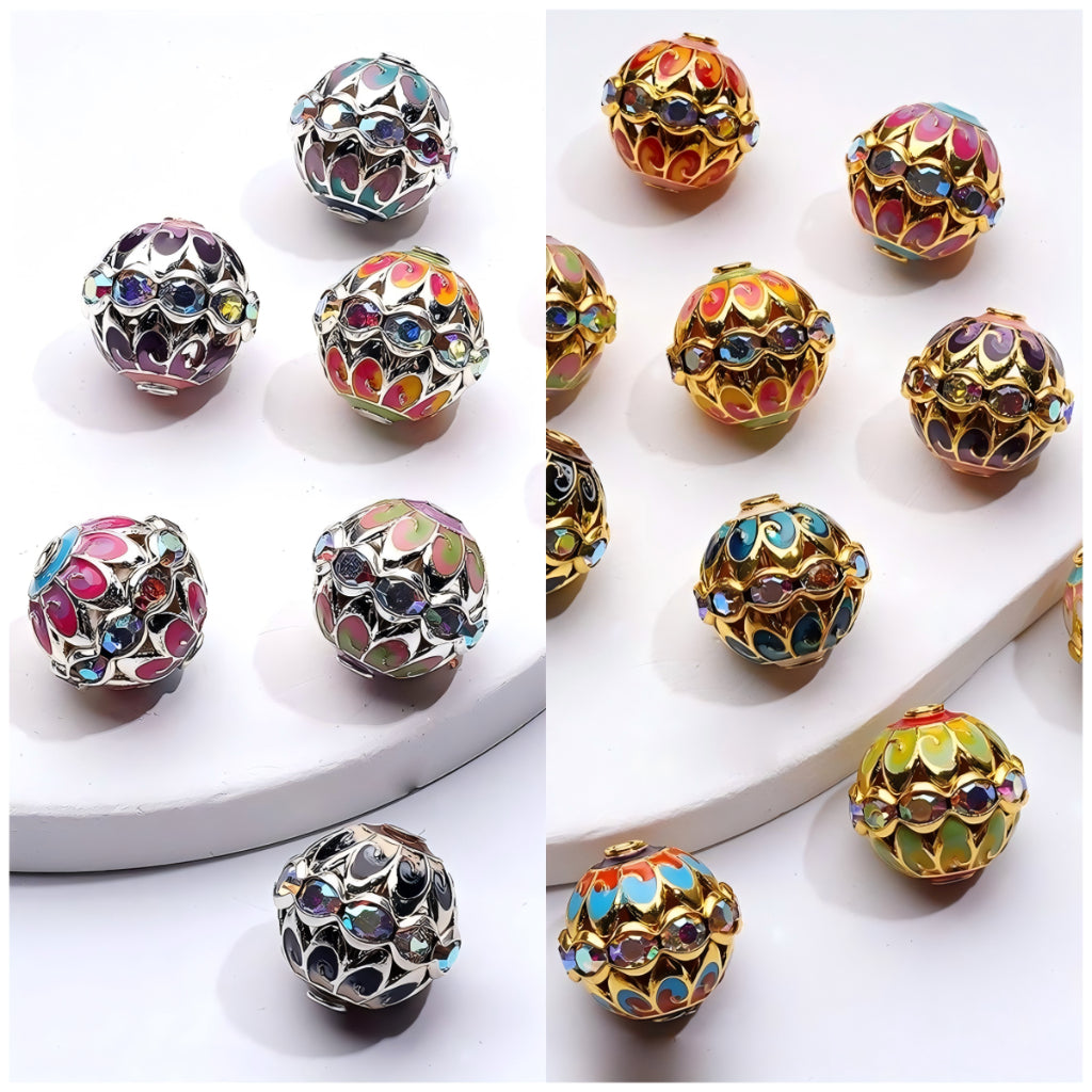 Nepalese Gold-Silver Alloy Beads – Vibrant Painted AB Rhinestones, 15x16MM