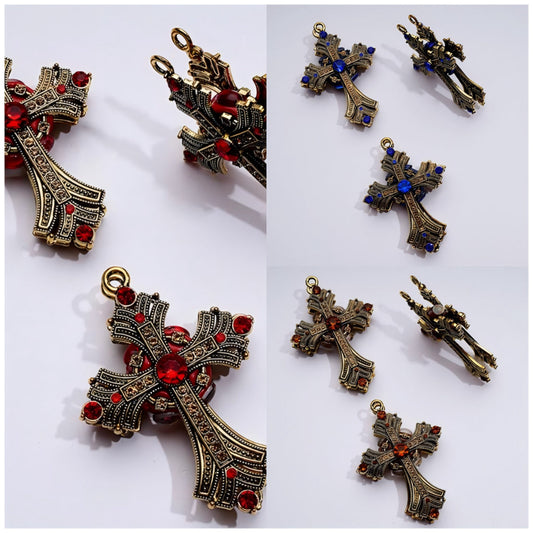 Elegant Dark Gold Alloy Cross with Sparkling Rhinestones, Small Ring & Clay Beads Approx. 74x52MM