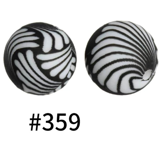 Round Black and White Pattern Printed Silicone Beads Number 359