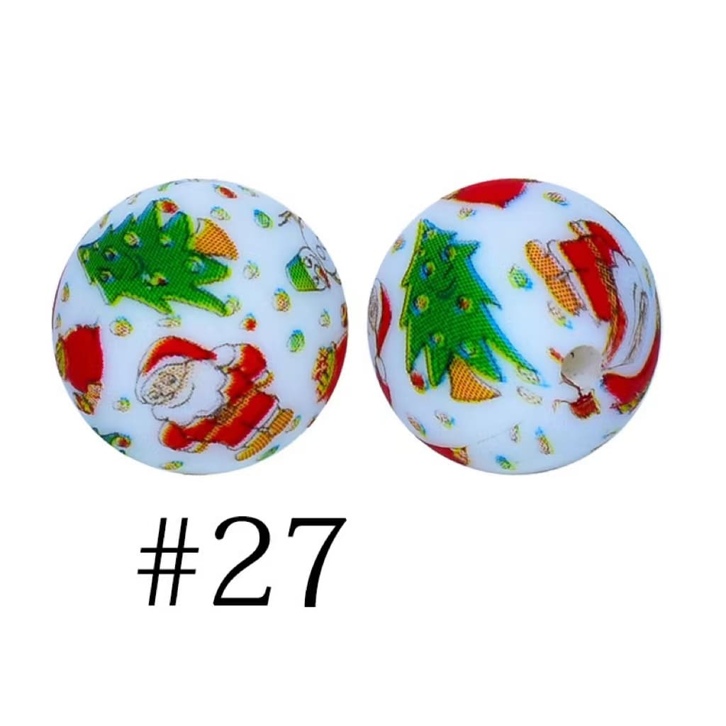 Cute Christmas Pattern Round Shape Printed Silicone Beads Number 27