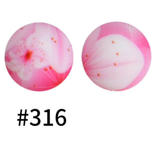 Printed Pink White Flower Silicone Beads, Number 316
