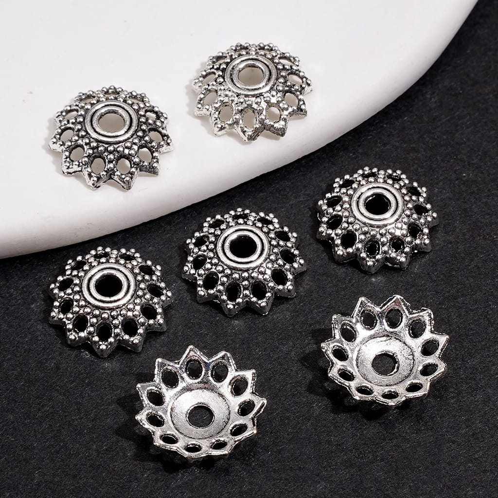 Metal Spacer Beads w Openwork Lotus Design, Silver Tone Bead Holders (They Fit 16MM Beads)
