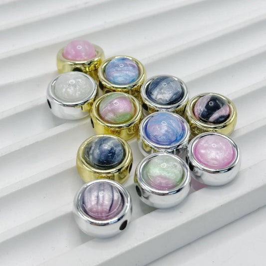 Colorful Rhinestone Inside Gold Silver Color Round Loop Ring Acrylic Beads, 12MM