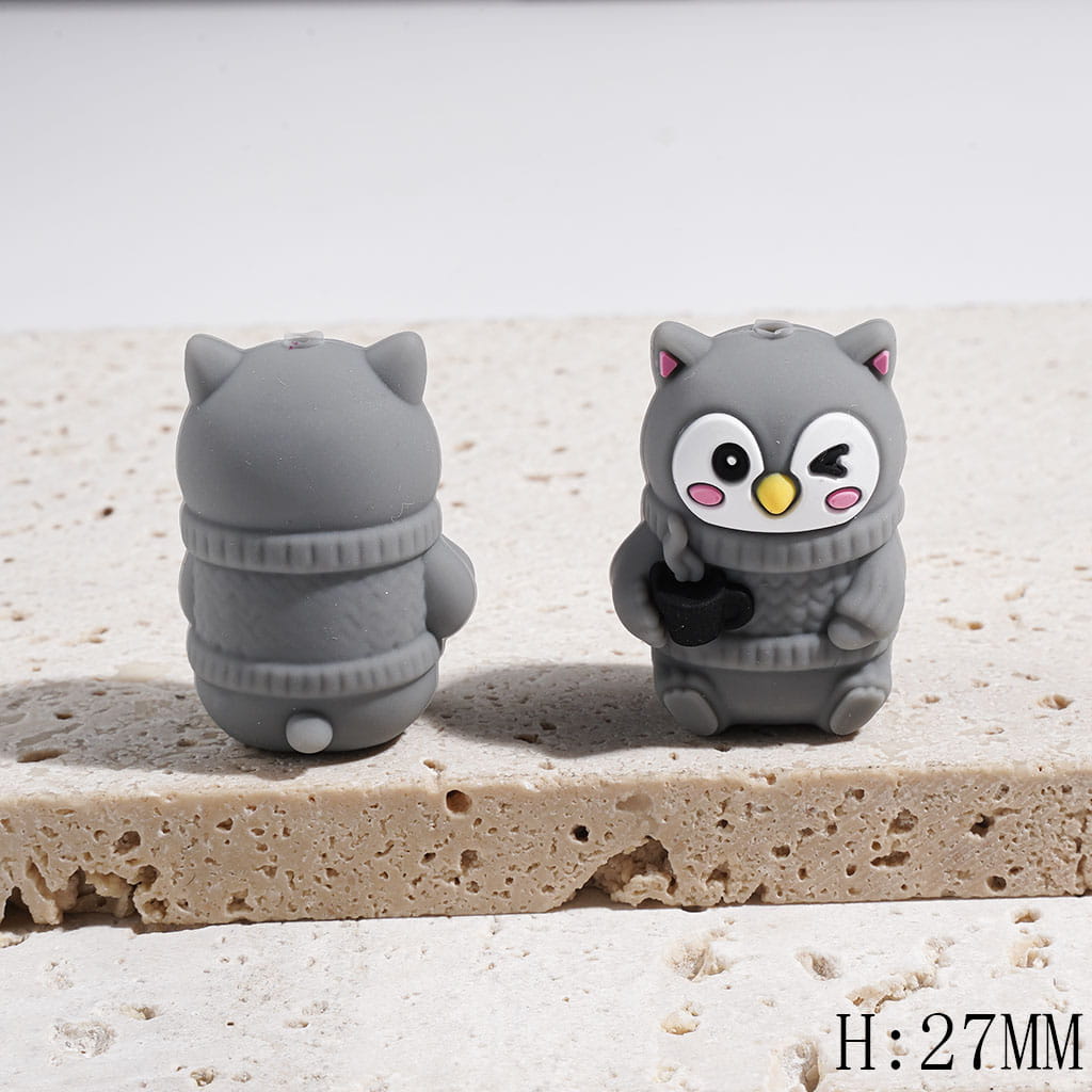 3D Cozy Gray Owl Wearing a Sweater and Holding a Black Cup Silicone Focal Beads, Height 27MM
