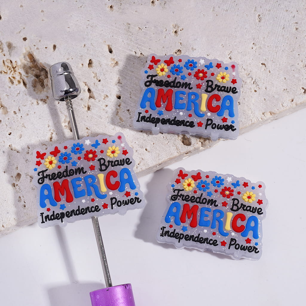 "Freedom Brave AMERICA Independence Power" and Flowers, Silver Glitter Text on Silicone Focal Beads