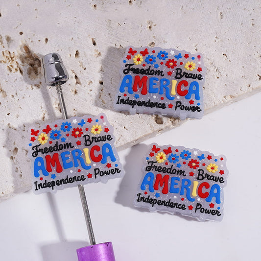 "Freedom Brave AMERICA Independence Power" and Flowers, Silver Glitter Text on Silicone Focal Beads