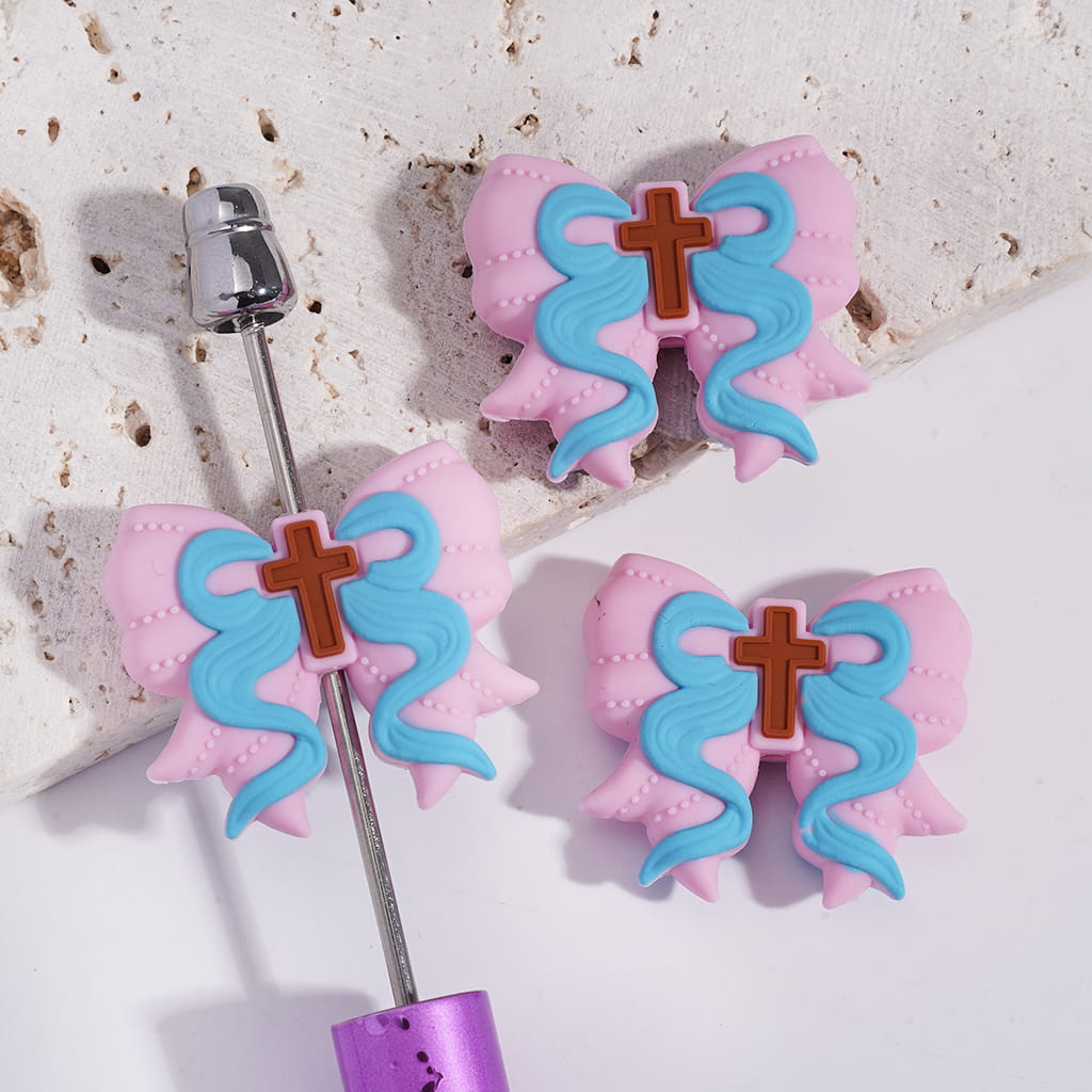 Pink Bowknot with Brown Cross and Blue Silk Ribbon Silicone Focal Beads