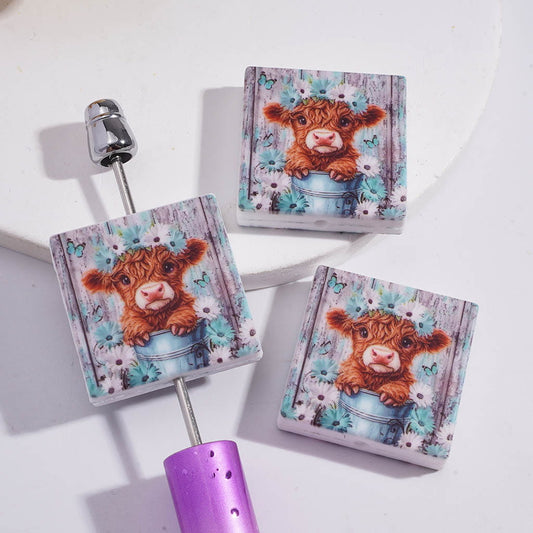 Highland Cattle in Bucket with Daisy Flower Wall Flat Square Shape Silicone Focal Beads