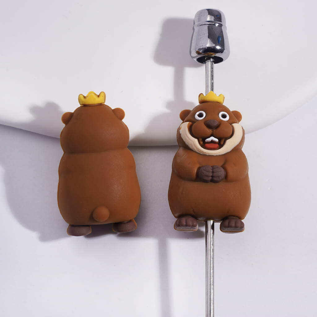 3D Brown Marmot Character Wearing Yellow Crown Silicone Focal Beads