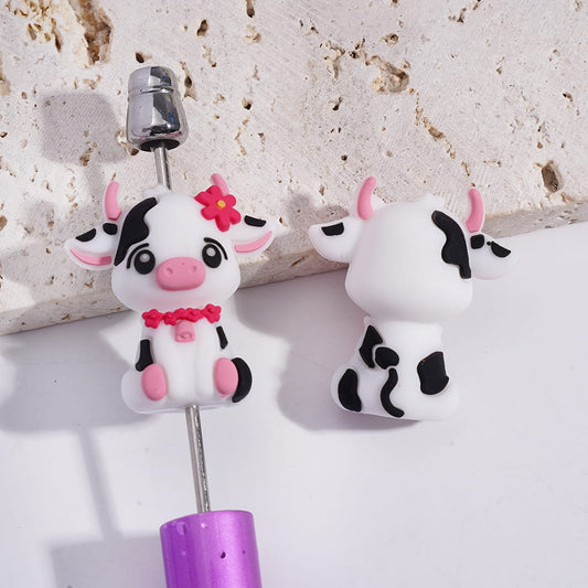 3D Adorable Dairy Cow Character and Pink Flower Head Design Silicone Focal Beads