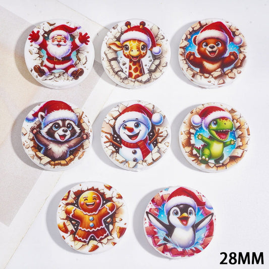 Festive Christmas Cartoon Character Wall-Breaking Series Flat Round Shape Silicone Focal Beads, 28MM, Random Mix
