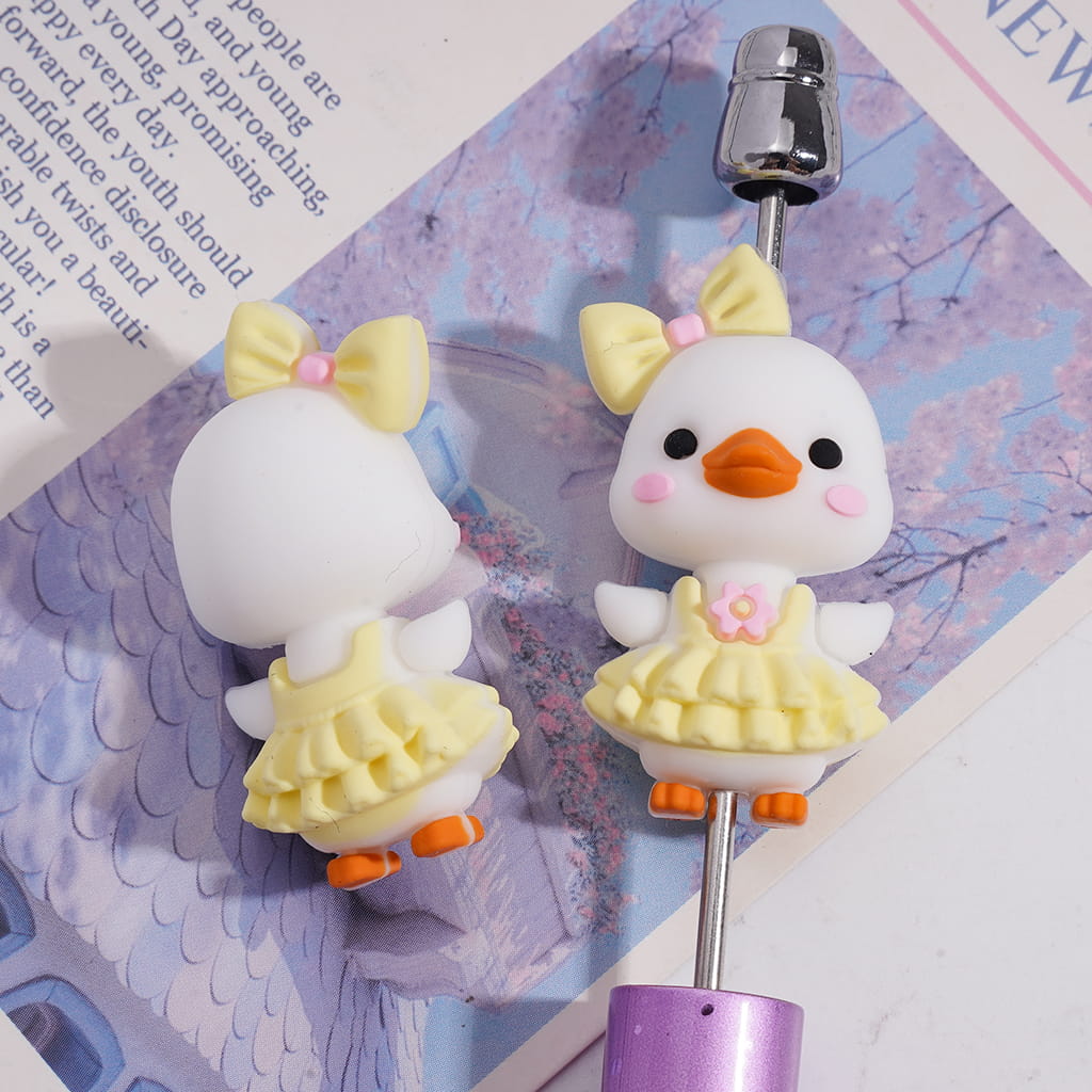 3D Cute Adorable Character White Duck with Yellow Dress and Bowtie Silicone Focal Beads
