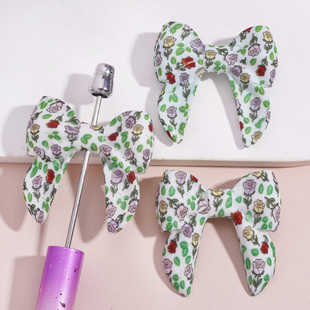 Soft Bowtie with Rose Flower and Leaf Prints Silicone Focal Beads 40MM