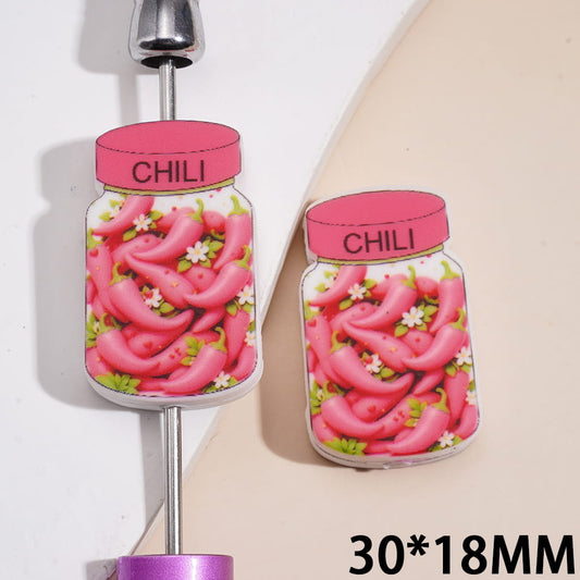 Adorable Jar Bottle with Pink Chili Pepper and Cute Mini Flowers Inside Silicone Focal Beads