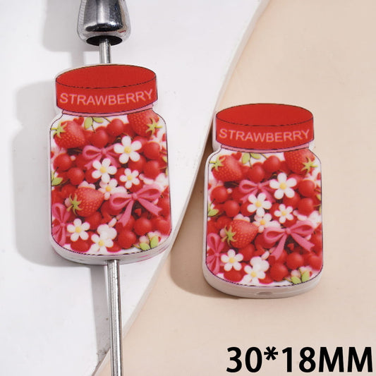 Adorable Jar Bottle with Decorative Flowers, Pink Bows and Strawberry Inside Silicone Focal Beads