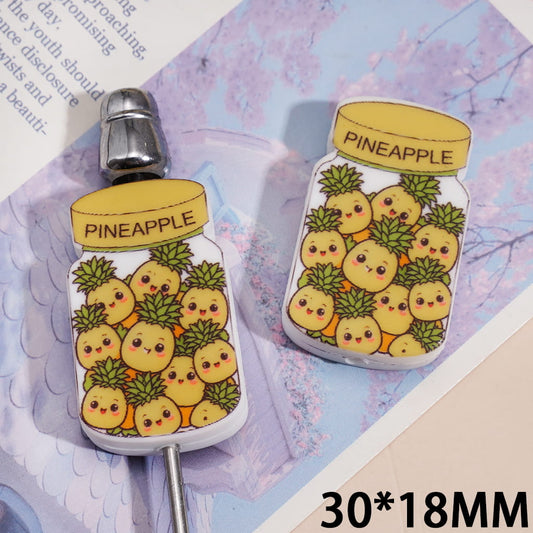 Adorable Jar Bottle with Cute Smiling Yellow Pineapple Inside Silicone Focal Beads