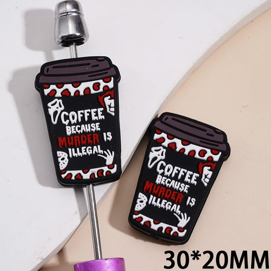 Spooky Coffee Cup with Skull Ghost Face and Text "COFFEE BECAUSE MURDER IS ILLEGAL" Halloween Theme Silicone Focal Beads