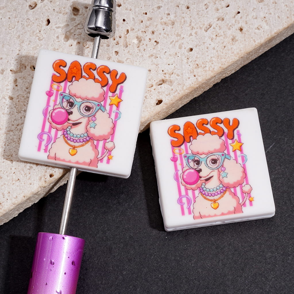 Cute Fashionable Poodle Dog Blowing Pink Bubble with "SASSY" Text Flat Square Shape Silicone Focal Beads