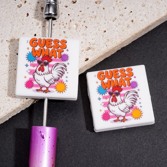 Cute Rooster Character Wearing Heart-Shaped Sunglasses with "GUESS WHAT" Text Flat Square Shape Silicone Focal Beads