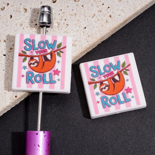 Adorable Hanging Sloth on Tree Branch with "SLOW YOUR ROLL" Text Flat Square Shape Silicone Focal Beads