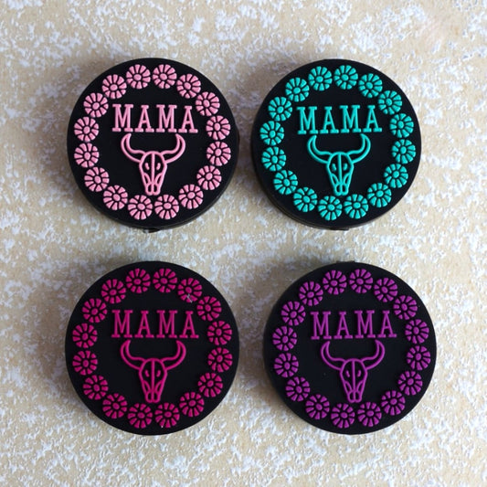 Round Silicone Focal Beads with Colorful Mama, Mother's Day, Cow Head, and Mini Flowers, Random Mix