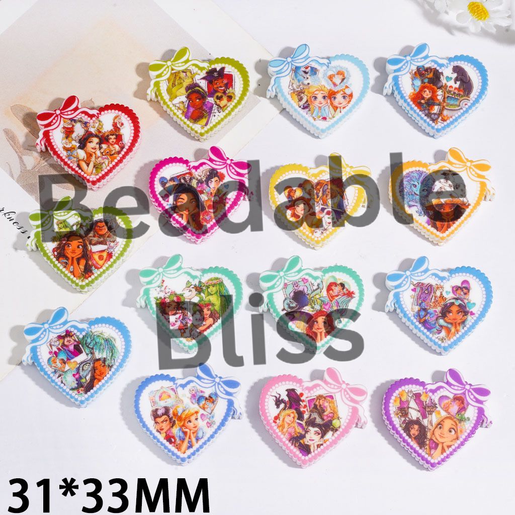 Silicone Focal Beads Heart with Bowtie Classic Princess Character Series, 31*33MM Multi-Color Random Mix