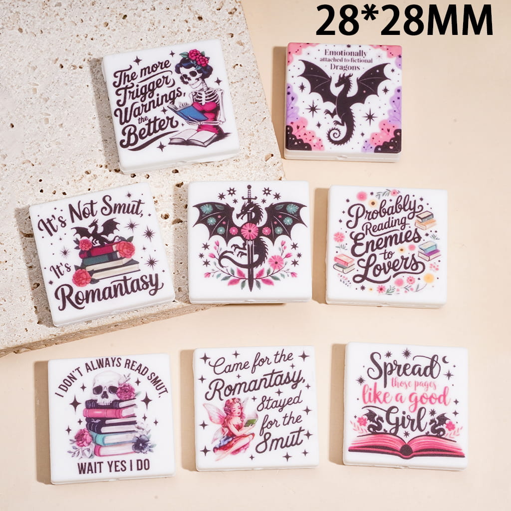Silicone Focal Beads Romantasy Fantasy Series Print Random Mix Flat Square Shape