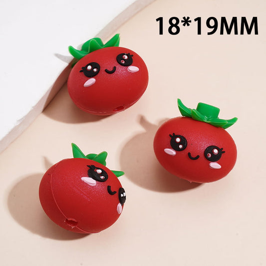 3D Ripe Red Tomato with Green Stem and Leaves on Top Silicone Focal Beads