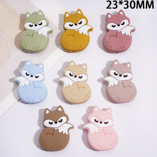Cute Sleeping Fox with Fluffy Tail Design Silicone Focal Beads 23*30MM, Multi-Color Random Mix