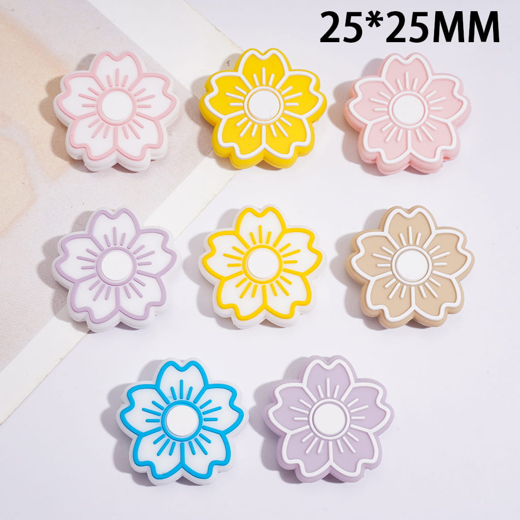 Cute Cherry Blossom Flower Shape with Sunburst Center Design Silicone Focal Beads 25*25MM, Random Mix