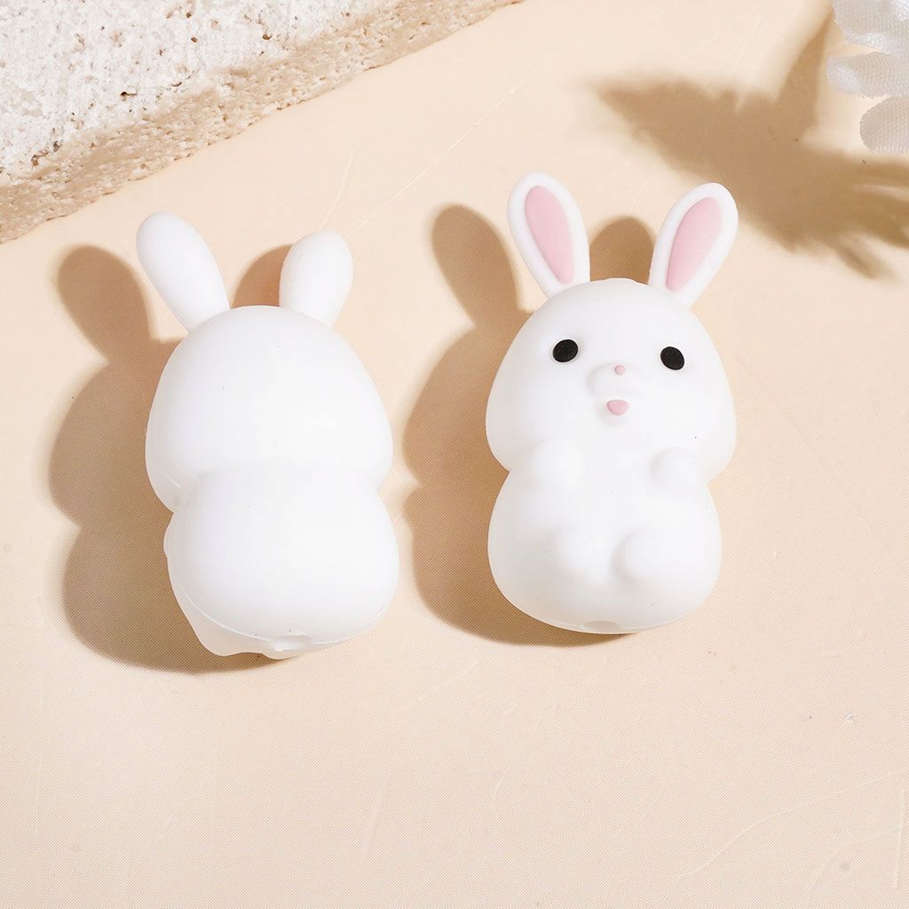 3D White Bunny with Pink Ear Silicone Focal Beads, 16*30MM